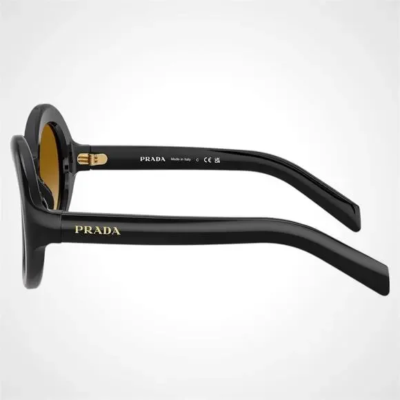 New PRADA Sunglasses Black Round Frame Yellow Brown Lens Women's - Picture 3 of 6